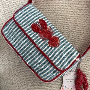 Striped Blue and Red Lobster Embroidered Women's Bag